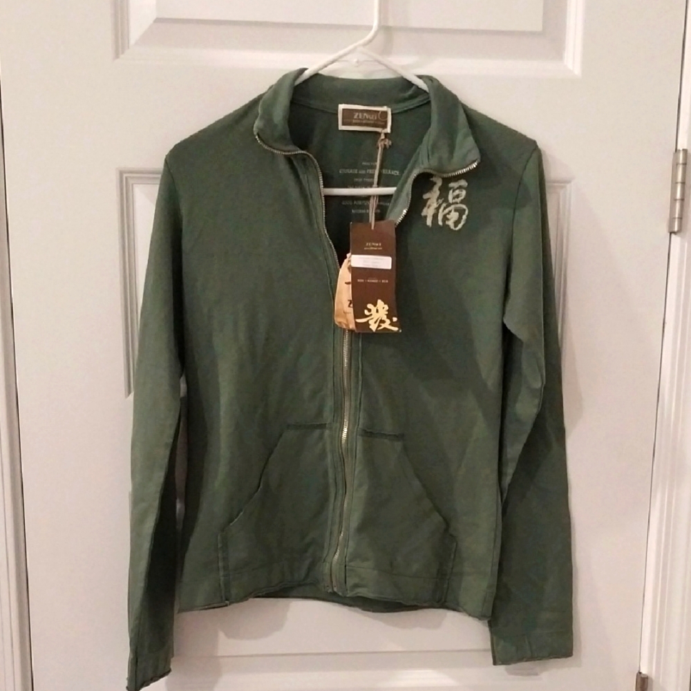 Zensei Sage Green Cotton Knit Embroidered Zip Jacket NWT